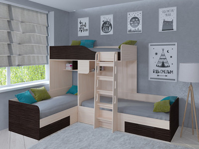 Кровать двухъярусная Трио Дуб молочный/Венге