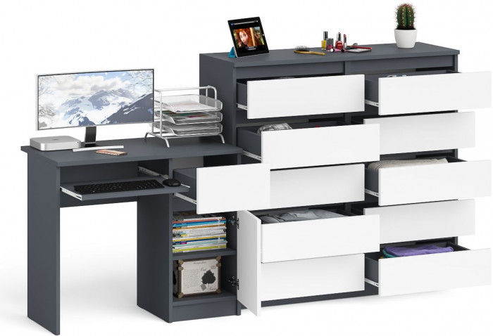 Мори компьютерный стол МС-1 правый + Комод МК1200.10, графит/белый
