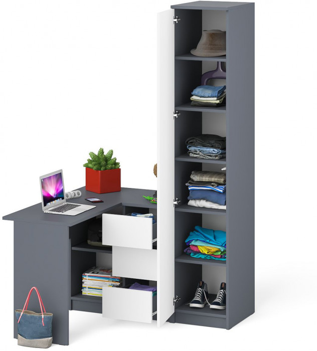 Мори компьютерный стол МС-16 правый + Пенал МШ400.1, графит/белый