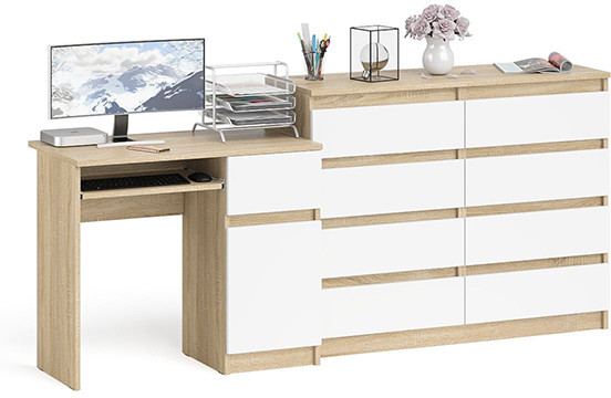 Мори Стол компьютерный МС-1 правый + Комод МК1200.8, цвет дуб сонома/белый, ШхГхВ 210,4х50х94 см., выдвижной ящик справа, НЕ универсальная сборка