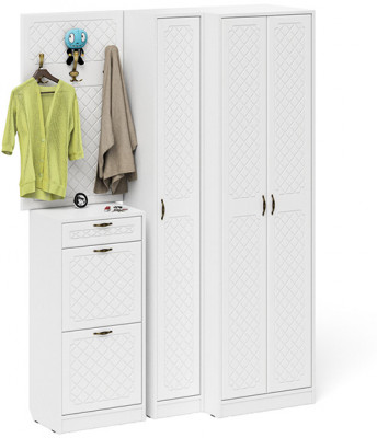 Прихожая П-6 Компоновка № 30, цвет белая шагрень/фасады МДФ белое дерево фрезеровка ромб, ШхГхВ 150х50х210 см., универсальная сборка