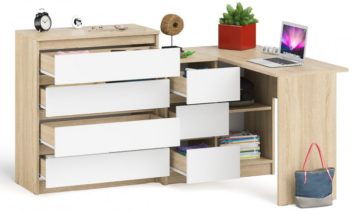 Мори Стол компьютерный МС-16 левый + Комод МК800.4, цвет дуб сонома/белый, ШхГхВ 204,8х84,9х94 см., выдвижные ящики слев, НЕ универсальная сборкаа