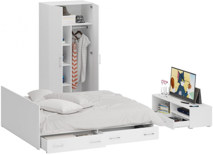 Спальня Стандарт 3-1800Я, белый/фасады ТВ тумбы МДФ белый глянец
