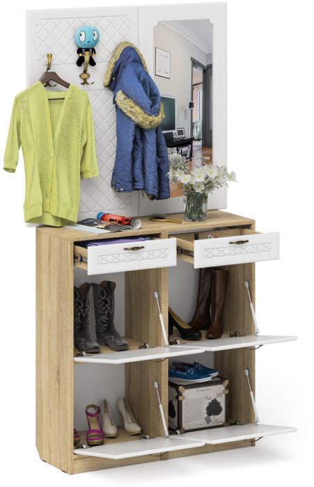 Прихожая П-6 Компоновка № 05, цвет дуб сонома/фасады МДФ белое дерево фрезеровка ромб, ШхГхВ 110х35х200 см.