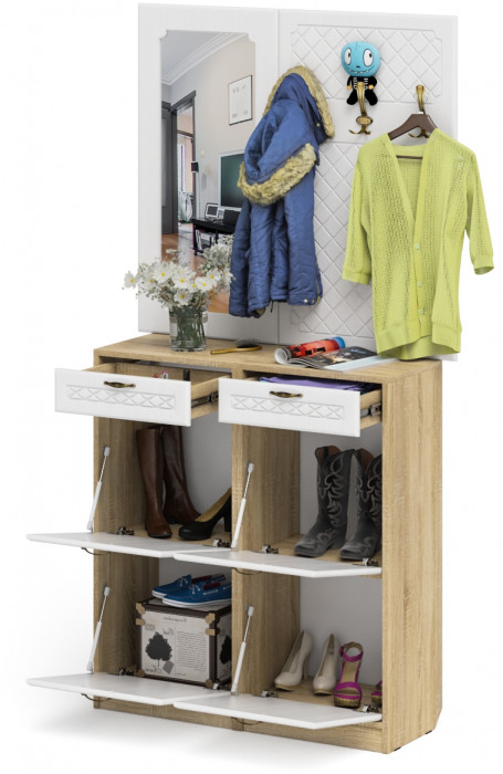 Прихожая П-6 Компоновка № 05, цвет дуб сонома/фасады МДФ белое дерево фрезеровка ромб, ШхГхВ 110х35х200 см.