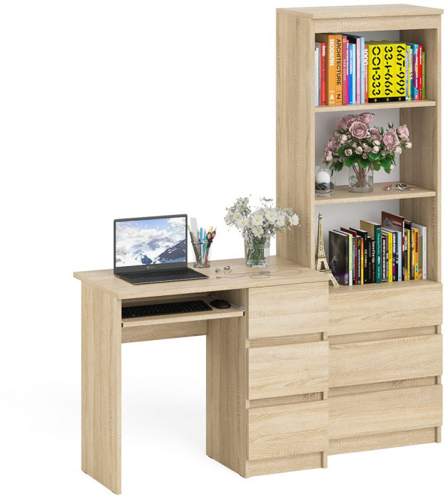 Мори компьютерный стол МС-6 правый + Стеллаж МСТ600.3, дуб сонома