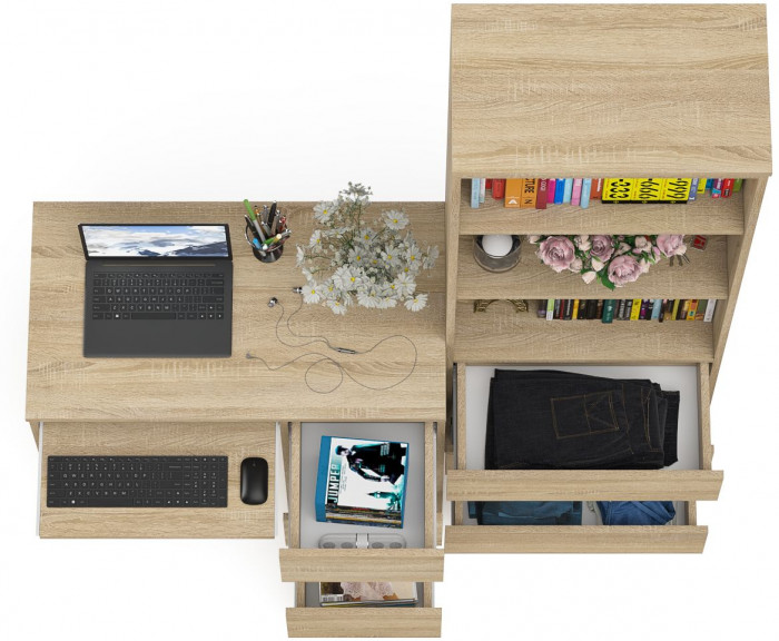 Мори компьютерный стол МС-6 правый + Стеллаж МСТ600.3, дуб сонома