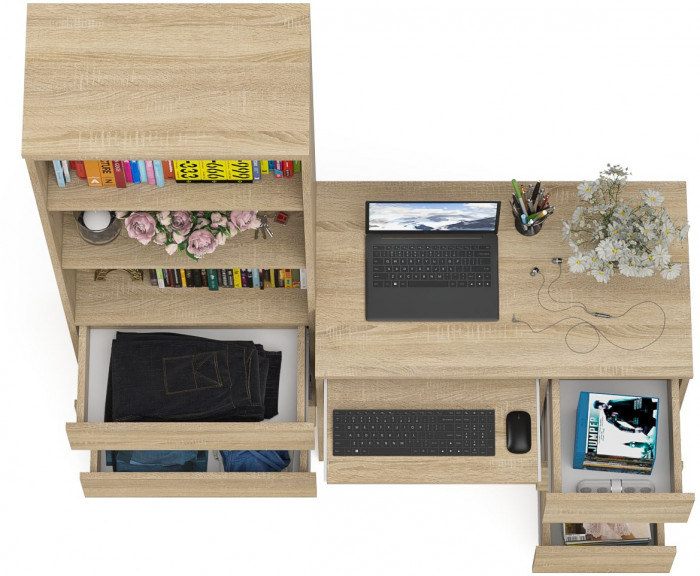 Мори компьютерный стол МС-6 правый + Стеллаж МСТ600.3, дуб сонома