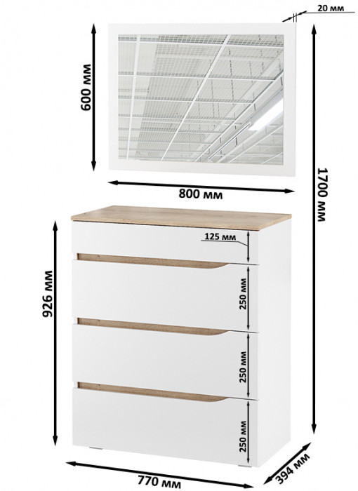 Муссон 13.97 Комод + Зеркало СВК, белый/дуб эндгрейн элегантный
