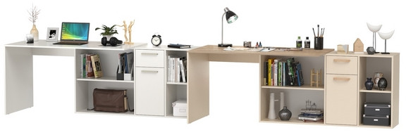 Два Стола письменных Лайт 03.245F, цвет белый шагрень/сатин/дуб эндгрейн элегантный, ШхГхВ 342,7х136х75,2 см.(угл.) или 407х68х75,2 см.(пр.), ун. сб.