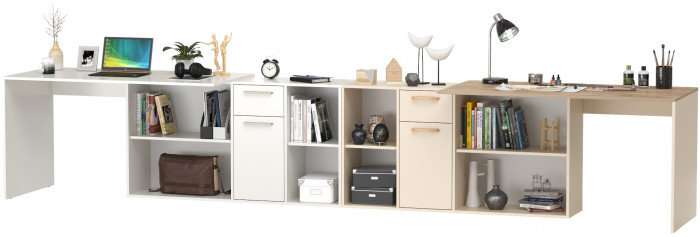 Два Стола письменных Лайт 03.245F, цвет белый шагрень/сатин/дуб эндгрейн элегантный, ШхГхВ 342,7х136х75,2 см.(угл.) или 407х68х75,2 см.(пр.), ун. сб.