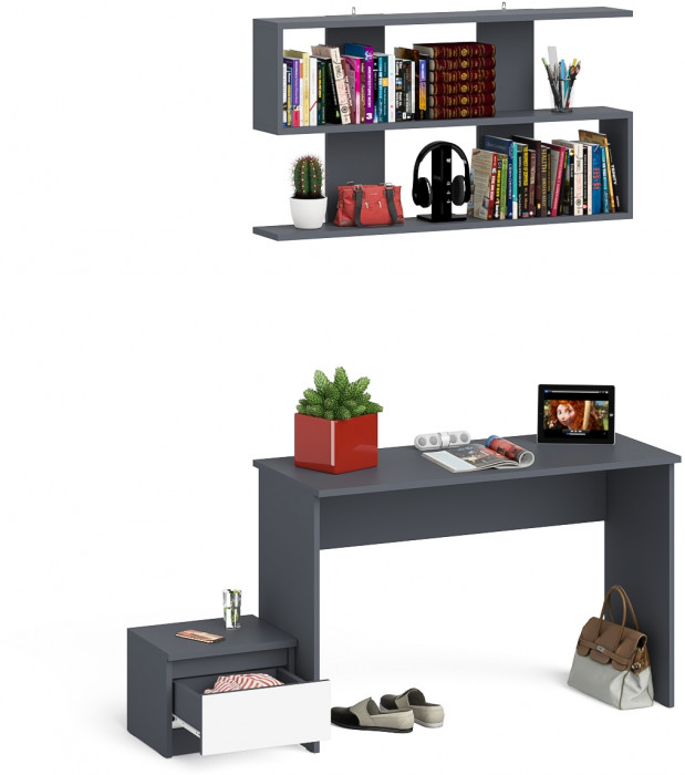 Мори письменный стол МСП1200.1 + Тумба ТМП400.1 + Полка 1200, графит/белый