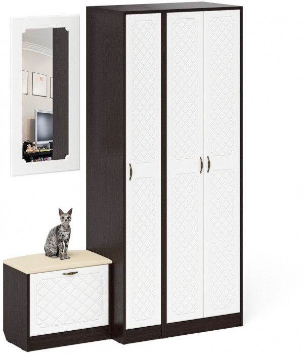 Прихожая П-6 Компоновка № 46, венге/фасады МДФ белое дерево фрезеровка ромб