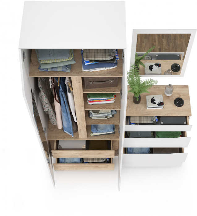 Муссон 13.198 Шкаф двухстворчатый + 13.97 Комод + Зеркало СВК, цвет белый/дуб эндгрейн элегантный, ШхГхВ 164,6х52,3х229,8 см., НЕ универсальная сборка