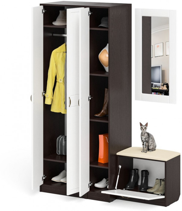 Прихожая П-6 Компоновка № 46, цвет венге/фасады МДФ белое дерево фрезеровка прованс, ШхГхВ 150х50х210 см., универсальная сборка