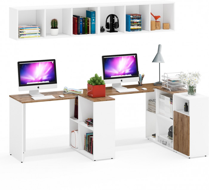 Лидер-8 Стол + Полка + Стол + Полка + Тумба МД 3.19, белый шагрень/крафт золото