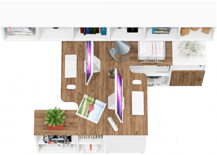 Лидер-8 Стол + Полка + Стол + Полка + Тумба МД 3.19, белый шагрень/крафт золото