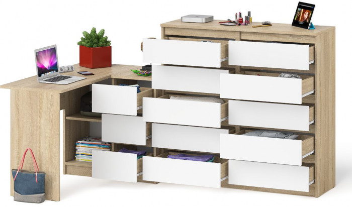 Мори компьютерный стол МС-16 правый + Комод МК1200.10, дуб сонома/белый