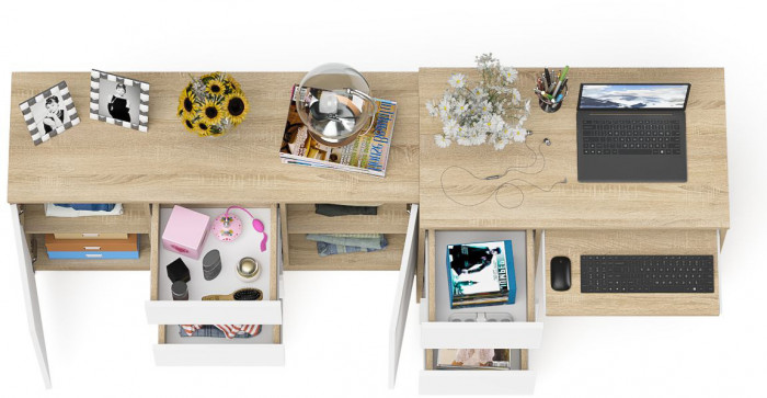 Мори компьютерный стол МС-6 левый + Комод МК1200.3, дуб сонома/белый