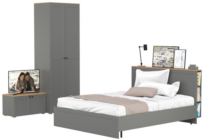 Остин 11.53 Кровать + ортопед + 13.224 Шкаф + 13.257 Тумба, серый графит/дуб крафт золотой