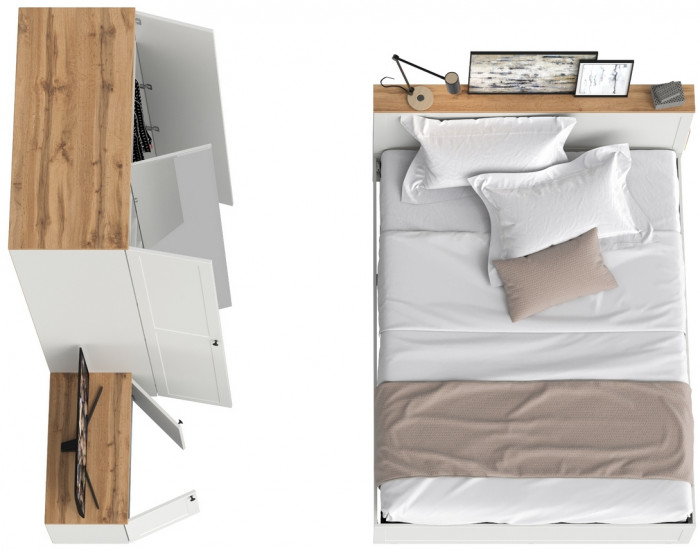 Остин 11.53 Кровать + ортопед + 13.336.03 Шкаф для одежды + 13.257 Тумба, белый шагрень/дуб крафт золотой