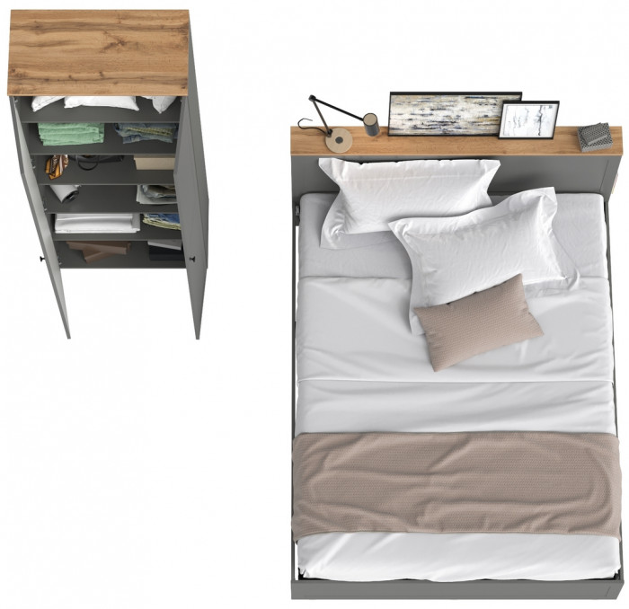Остин 11.53 Кровать + ортопед + 16.307 Шкаф, серый графит/дуб крафт золотой