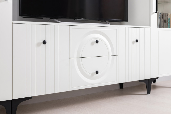 Валенсия Гостиная № 071, цвет ЛДСП белый шагрень/МДФ белый шагрень, ШхГхВ 327,2х38,3х225,2 см., ниша для ТВ 133х38х117 см., универсальная сборка