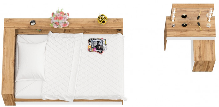 Ксения Кровать с ящиками 1200 + прикроватный блок + Столик с подсветкой 110, дуб вотан/белый