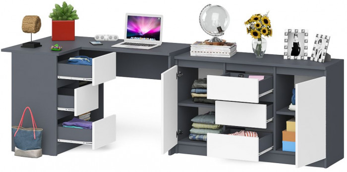 Мори компьютерный стол МС-16 левый + Комод МК1200.3, графит/белый