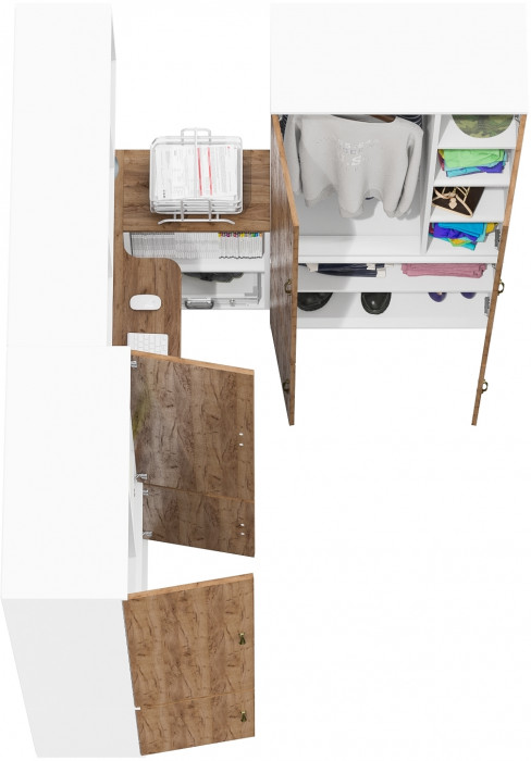 Лидер-8 Стол + Полка + Шкаф МД 20Б + Шкаф МД 20Б, цвет белый шагрень/крафт золото, ШхГхВ 325х50/37,5х75/190 или 115х240/50х75/190 см., НЕ ун. сборка