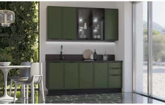 Кухня МДФ 2000/900 Николь (Холст темно-зеленый, Графит)