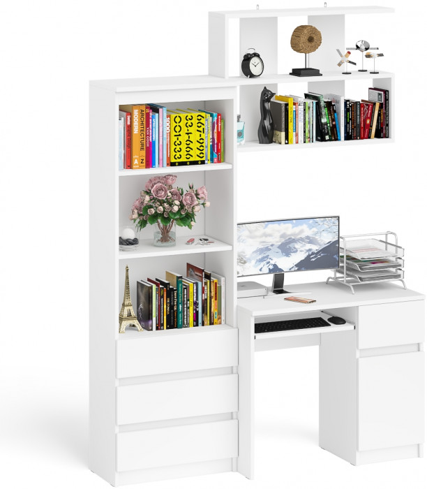Мори компьютерный стол МС-1 правый + Стеллаж МСТ600.3 + Полка 900, белый