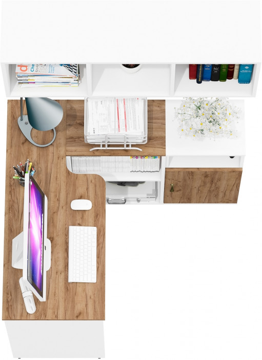 Лидер-8 Стол + Полка + Тумба МД 3.19, цвет белый шагрень/крафт золото, ШхГхВ 205х50/30х75 см. или 115х50/120х75 см., НЕ универсальная сборка