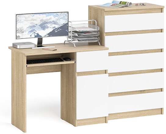 Мори Стол компьютерный МС-1 правый + Комод МК700.5, цвет дуб сонома/белый, ШхГхВ 160,4х50х114 см., выдвижной ящик справа, НЕ универсальная сборка