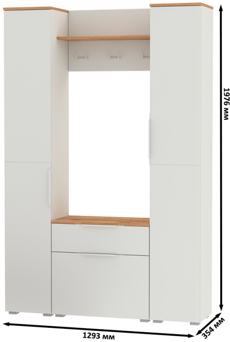 Октава Прихожая 18, цвет белый шагрень/дуб крафт золотой/фасады МДФ белый шагрень, ШхГхВ 129,3х35,4х197,6 см., универсальная сборка