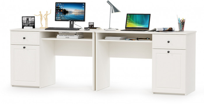 КР100 Роуз 12.148 Стол письменный + 12.148 Стол письменный, цвет ЛДСП белый(тиснение Поры дерева)/МДФ ясень ваниль, ШхГхВ 238х51,7х76,3 см., ун. сб.