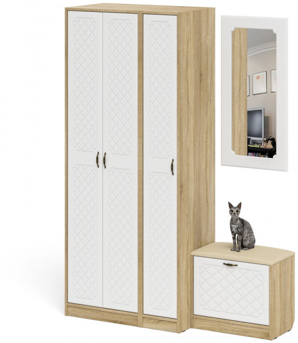 Прихожая П-6 Компоновка № 46, дуб сонома/фасады МДФ белое дерево фрезеровка ромб