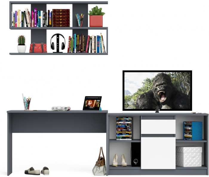 Мори Стол письменный МСП1200.1 + Тумба МТВ1204.1 + Полка 1200, цвет графит/белый, ШхГхВ 240,8х50х209,6 см., универсальная сборка