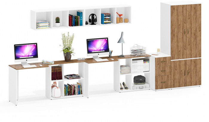 Лидер-8 Стол + Полка + Стол + Полка + Шкаф МД 19Б + Тумба МД 3.16, белый шагрень/крафт золото