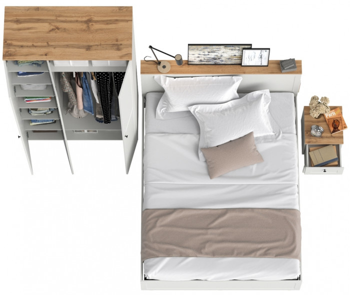 Остин 11.53 Кровать + ортопед + 13.336.03 Шкаф для одежды + 16.152 Тумба прикроватная, белый шагрень/дуб крафт золотой