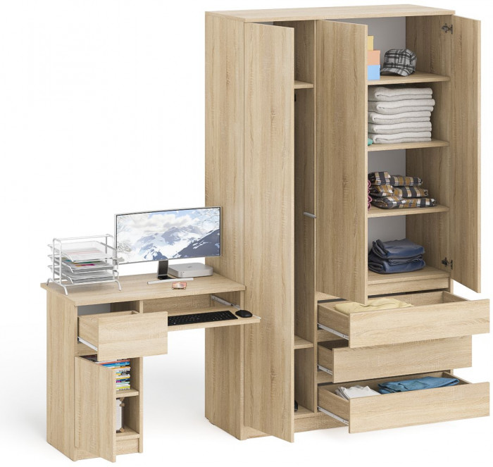 Мори Стол компьютерный МС-1 левый + Шкаф МШ1200.1, цвет дуб сонома, ШхГхВ 210,4х50,4х209,6 см., выдвижной ящик слева, НЕ универсальная сборка