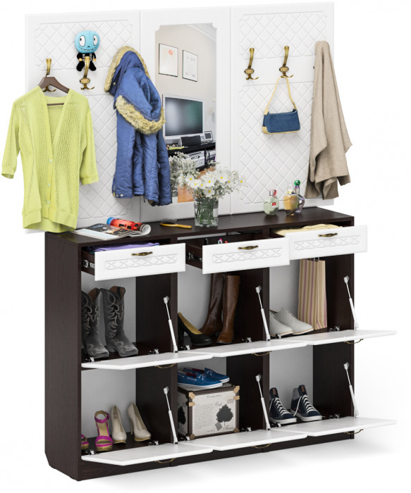 Прихожая П-6 Компоновка № 06, цвет венге/фасады МДФ белое дерево фрезеровка ромб, ШхГхВ 170х35х200 см., универсальная сборка