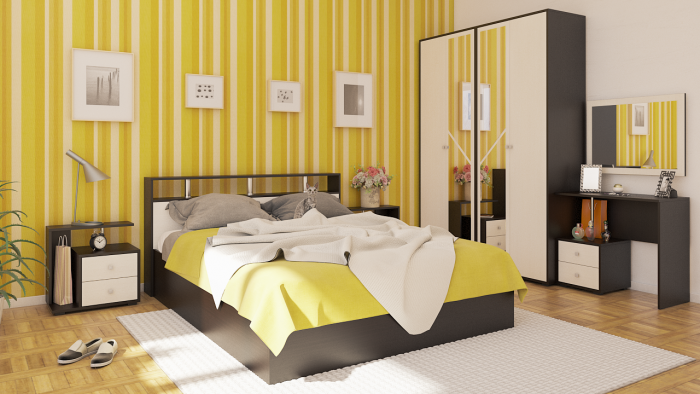 Камелия спальня № 2 Кровать 1600 + Две тумбы + Стол косметич. + Зеркало + Шкаф 4-х, венге/дуб лоредо