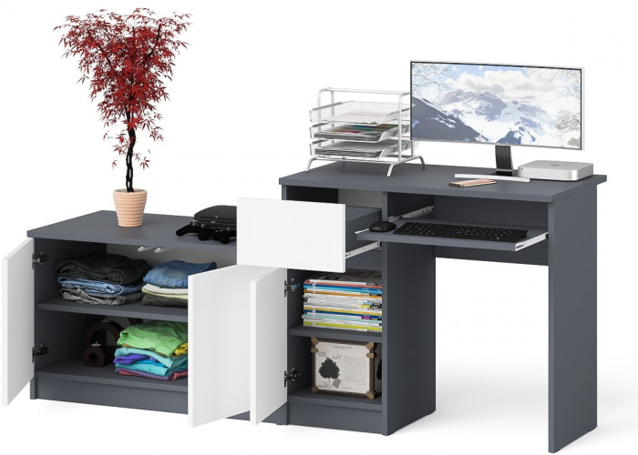 Мори компьютерный стол МС-1 левый + Тумба МА900.1, графит/белый