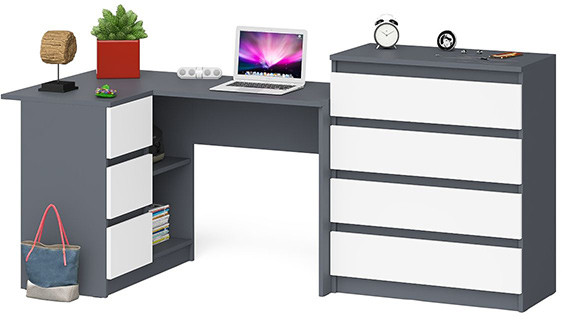 Мори компьютерный стол МС-16 левый + Комод МК800.4, графит/белый