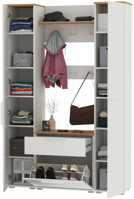 Октава Прихожая 20, белый шагрень/дуб крафт золотой/фасады МДФ белый шагрень