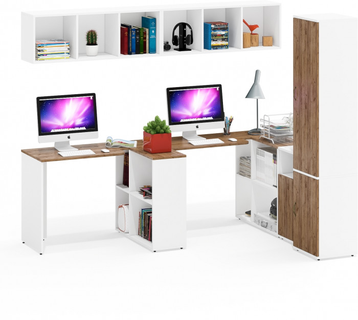 Лидер-8 Стол + Полка + Стол + Полка + Пенал МД 21Б + Тумба МД 3.19, цвет белый шагрень/крафт золото, 410х50/37,5х75/190 или 230х160/50х75/, НЕ ун. сб.