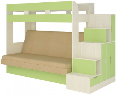 Карамель 75-01 Кровать-чердак Зеленый / Бодега светлый / Велюр Бежевый