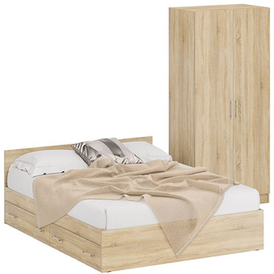 Кровать с ящиками 1600 + Шкаф 2-х створчатый Стандарт, цвет дуб сонома, ШхГхВ 163,5х203,5х70 + 90х52х200 см., сп.м. 1600х2000 мм., б/м, основание есть