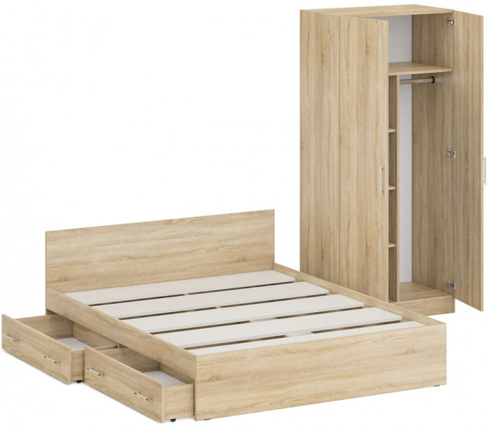 Кровать с ящиками 1600 + Шкаф 2-х створчатый Стандарт, цвет дуб сонома, ШхГхВ 163,5х203,5х70 + 90х52х200 см., сп.м. 1600х2000 мм., б/м, основание есть